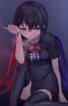  1girl arm_at_side asymmetrical_wings bangs black_hair black_legwear blue_wings breasts buttons center_frills cigarette eyelashes feet_out_of_frame fingernails frills hair_between_eyes highres holding holding_cigarette houjuu_nue kisamu_(ksmz) looking_at_viewer open_mouth pointy_ears purple_background red_eyes red_wings short_hair short_sleeves sidelocks sitting slit_pupils small_breasts smoke smoking solo thigh-highs touhou wings 