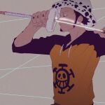  1boy drawing_sword grin hands_up hat holding holding_sword holding_weapon hood hood_down hoodie male_focus obobkkp one_piece sleeves_rolled_up smile solo sword trafalgar_law weapon 