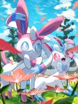  alternate_color blue_eyes blurry blush bright_pupils closed_mouth clouds commentary_request day flower grass highres no_humans orange_flower outdoors petals pink_eyes pokemon pokemon_(creature) shiny_pokemon sky smile standing surumeika_(ninfiiiir) sylveon tree white_pupils 