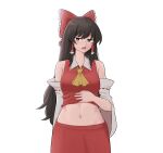  1girl ascot bangs bare_shoulders black_hair bow clothes_lift d: detached_sleeves english_commentary eyebrows_visible_through_hair groin hair_bow hakurei_reimu half-closed_eyes highres lifted_by_self long_hair looking_at_viewer mata_(matasoup) midriff_peek navel open_mouth red_bow red_shirt red_skirt shirt shirt_lift skirt solo standing touhou wide_sleeves yellow_ascot 