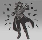  1boy absurdres artist_name bangs beard belt boots card coat facial_hair floating floating_object full_body gradient gradient_background grey_background hat highres joaowbenfica knee_boots league_of_legends long_hair long_sleeves male_focus no_pupils open_clothes open_coat pants solo twisted_fate vest web_address 
