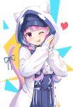  1girl ;p animal_ears animal_hood bangs baseball_cap black_headwear blue_hair blue_nails blue_ribbon blue_skirt blush braid cat_hood cat_tail closed_mouth commentary_request eyebrows_visible_through_hair fake_animal_ears hands_up haniwa_(leaf_garden) hat head_tilt heart highres hololive hood hood_up hooded_jacket jacket long_hair long_sleeves low_twintails minato_aqua multicolored_hair nail_polish neko_(minato_aqua) one_eye_closed own_hands_together pink_hair pleated_skirt print_headwear puffy_long_sleeves puffy_sleeves ribbon skirt sleeves_past_wrists smile solo streaked_hair tail tail_ornament tail_ribbon tongue tongue_out twin_braids twintails very_long_hair violet_eyes virtual_youtuber white_background white_jacket 