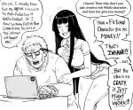  1boy 1girl absurdres artist_self-insert bb_(baalbuddy) black_hair breasts computer english_text facial_hair greyscale highres hime_cut laptop large_breasts long_hair monochrome original simple_background sitting speech_bubble stubble table white_background 