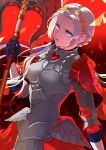  1girl armor armored_dress axe aymr_(fire_emblem) black_gloves cape cowboy_shot dutch_angle edelgard_von_hresvelg fire_emblem fire_emblem:_three_houses fire_emblem_warriors:_three_hopes forehead gloves gradient gradient_background hair_ornament highres holding holding_axe long_hair looking_at_viewer nishikawa_(fe) purple_ribbon red_background red_cape ribbon short_sleeves shoulder_armor solo violet_eyes white_hair 