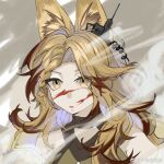  1girl animal_ear_fluff animal_ears arknights bare_shoulders batiaowuweiyu blonde_hair blood blood_on_face braid cat_ears chinese_commentary commentary_request grey_background long_hair looking_at_viewer off_shoulder parted_lips portrait quercus_(arknights) single_braid solo yellow_eyes 