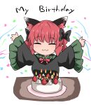  1girl :3 \o/ animal_ear_fluff animal_ears arms_up bangs birthday birthday_cake bow bowtie braid cake candle cat_ears chibi chups closed_eyes closed_mouth confetti cropped_torso dress eyebrows_visible_through_hair food frills grey_dress highres kaenbyou_rin outstretched_arms red_bow red_bowtie redhead simple_background solo table touhou twin_braids twintails upper_body white_background wide_sleeves 