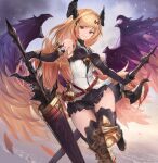  1girl angel_wings armor bangs bare_shoulders black_gloves black_legwear black_skirt blonde_hair boots closed_mouth dark_angel_olivia dual_wielding elbow_gloves eyebrows_visible_through_hair feathered_wings flying gloves gradient gradient_background granblue_fantasy hair_ornament highres holding holding_sword holding_weapon horns knee_pads light_smile long_hair looking_at_viewer miniskirt multicolored_wings pleated_skirt red_eyes shirt sidelocks skirt sleeveless sleeveless_shirt solo sword taba_comya thigh-highs thigh_boots weapon white_shirt wings 
