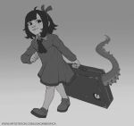  1girl absurdres ahoge artist_name ascot bangs child closed_mouth copyright_request dress gradient gradient_background grey_background hairband highres holding joaowbenfica long_sleeves looking_at_viewer monochrome shoes short_hair solo suitcase tentacles web_address 