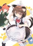  2girls :3 alternate_costume animal_ear_fluff animal_ears blush bow bowtie braid bright_pupils brown_eyes brown_hair cat_ears cat_tail chen corset dress earrings enmaided extra_ears foot_out_of_frame green_dress halo highres jewelry kaenbyou_rin kibisake long_hair looking_at_viewer maid mouse multiple_girls multiple_tails nekomata orange_background paw_pose paw_print paw_print_background pointy_ears red_bow red_bowtie red_eyes redhead short_hair simple_background single_earring tail touhou twin_braids twintails two_tails white_pupils 