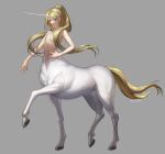  1other androgynous blonde_hair blue_eyes centaur full_body grey_background hand_on_hip horns looking_at_viewer mullmull02 navel original ponytail simple_background single_horn smile taur twitter_username 