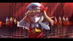  1girl arms_up ascot bangs blonde_hair blurry blurry_background bow cage checkered_floor cross crystal depth_of_field eyebrows_visible_through_hair flandre_scarlet frilled_shirt_collar frills hair_between_eyes hair_bow half-closed_eyes hand_on_own_cheek hand_on_own_face hands_up hat indoors latin_cross lens_flare letterboxed light_rays long_hair looking_at_viewer mob_cap one_side_up parted_lips puffy_short_sleeves puffy_sleeves red_bow red_eyes red_vest shirufido short_sleeves solo teeth touhou upper_body vest white_headwear wings yellow_ascot 