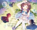  1girl blanket blush brown_hair chielle dress flower hair_flower hair_ornament highres hydrangea indie_virtual_youtuber looking_at_viewer pale_skin picnic sorani_(kaeru0768) thigh-highs violet_eyes virtual_youtuber 