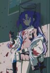  1girl absurdres belt blood blood_on_clothes blood_on_face blue_archive breasts cellphone gun halo highres holding jacket long_hair mia_(39565899) necktie off_shoulder phone pleated_skirt purple_hair sig_sauer sig_sauer_mpx skirt smartphone solo submachine_gun violet_eyes weapon yuuka_(blue_archive) 