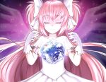  1girl absurdres bow choker closed_eyes closed_mouth dress earth_(planet) facing_viewer gloves hair_bow highres kaname_madoka kumaartsu long_hair mahou_shoujo_madoka_magica pink_hair planet solo spoilers tagme white_bow white_dress white_gloves 