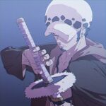  1boy facial_mark hat hat_over_one_eye holding holding_sword holding_weapon jacket long_sleeves male_focus obobkkp one_piece open_clothes open_jacket solo sword trafalgar_law weapon 