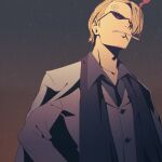  1boy blonde_hair cigarette facial_hair formal from_below hair_slicked_back jacket jacket_on_shoulders male_focus obobkkp one_piece sanji smoking solo suit sunglasses 