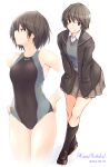  1girl amagami bangs black_footwear black_hair black_swimsuit breasts closed_mouth commentary_request competition_swimsuit covered_navel dated full_body grin hands_in_pockets hands_on_hips happy_birthday highres kibito_high_school_uniform kneehighs loafers looking_at_viewer multiple_views nanasaki_ai one-piece_swimsuit sasaki_akira_(ugc) school_uniform shoes smile standing swimsuit 