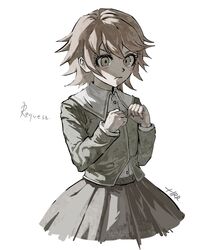  1boy artist_name bangs brown_eyes brown_hair brown_skirt closed_mouth danganronpa:_trigger_happy_havoc danganronpa_(series) dress_shirt fujisaki_chihiro green_jacket grey_background hands_up harari highres jacket long_sleeves male_focus otoko_no_ko school_uniform shiny shiny_hair shirt short_hair simple_background skirt solo upper_body white_shirt 