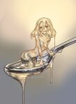 1girl blonde_hair breasts colored_sclera completely_nude earrings jewelry looking_at_viewer medium_breasts medium_hair minigirl monster_girl mullmull02 nude original slime_girl smile solo spoon twitter_username yellow_eyes yellow_sclera 