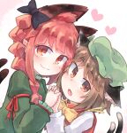  2girls animal_ear_fluff animal_ears black_bow blush bow bowtie braid brown_hair cat_ears cat_tail cheek-to-cheek chen dress earrings green_dress green_headwear hand_up hat heads_together heart highres holding_hands interlocked_fingers jewelry kaenbyou_rin kibisake long_hair long_sleeves looking_at_viewer mob_cap multiple_girls multiple_tails nekomata open_mouth pink_background red_eyes redhead shirt short_hair single_earring smile tail touhou twin_braids two_tails white_background white_shirt yellow_bow yellow_bowtie yuri 