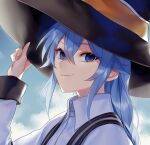  1girl absurdres adjusting_clothes adjusting_headwear bangs blue_eyes blue_hair blue_sky braid clouds crimsonknigh_t crossed_bangs hair_between_eyes hat highres light_smile long_hair looking_at_viewer mushoku_tensei roxy_migurdia sky tsurime twin_braids witch_hat 