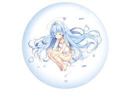  1girl anklet ark_order bare_legs barefoot blue_hair bubble dress fish full_body half-closed_eyes halo head_fins hugging_own_legs jewelry kuen_(ark_order) looking_at_viewer maya_g official_art side_slit solo tachi-e transparent_background water white_dress yellow_eyes 