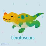  animal animal_focus artist_name black_eyes blue_background ceratosaurus closed_mouth commentary dinosaur english_commentary heart no_humans original pikaole running simple_background smile solid_circle_eyes standing teeth watermark 