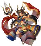  1girl :d animal_ears brown_hair colored_inner_hair earrings full_body hand_up holding holding_staff hoop_earrings horns jewelry looking_at_viewer mullmull02 multicolored_hair open_mouth original red_eyes shawl simple_background smile solo staff white_background wristband 