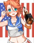  15k 1girl :d @_@ alcohol american_flag animal_ears bangs blue_eyes blush_stickers bottle brand_name_imitation cat_ears clenched_hand collarbone crop_top drunk eyebrows eyebrows_visible_through_hair eyes_visible_through_hair fang flag_background hair_between_eyes holding holding_bottle jack_daniel&#039;s laffey_(warship_girls_r) midriff navel open_mouth redhead sailor shirt short_hair sleeveless smile solo star_(symbol) star_print swept_bangs upper_body v-shaped_eyebrows warship_girls_r whiskey white_shirt 