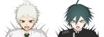  2boys absurdres ahoge bangs black_jacket brown_eyes collared_shirt danganronpa_(series) danganronpa_2:_goodbye_despair danganronpa_v3:_killing_harmony etklgsscizgnglq green_necktie hair_between_eyes highres hinata_hajime hinata_hajime_(awakened) jacket male_focus multiple_boys necktie open_mouth portrait red_eyes saihara_shuuichi shirt short_hair sparkle teeth tongue trembling white_hair 