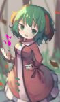  1girl absurdres animal_ears bangs blurry brown_dress chii_(tsumami_tsumamare) depth_of_field dog_ears dress eighth_note eyebrows_visible_through_hair fang green_eyes green_hair hand_on_hip highres kasodani_kyouko leaf long_sleeves looking_at_viewer musical_note open_mouth outdoors short_hair solo standing touhou tree 