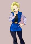  1girl absurdres android_18 belt black_legwear black_shirt blonde_hair blue_skirt breasts closed_mouth cowboy_shot dragon_ball dragon_ball_z earrings expressionless hand_on_hip head_tilt highres jewelry rokoido12 shirt short_hair simple_background skirt solo standing 