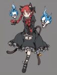  1girl :3 animal_ear_fluff animal_ears bangs bell black_bow blue_fire blunt_bangs bolos bow bowtie braid brooch cat_ears cat_tail dress extra_ears eyebrows_behind_hair fire flaming_skull floating_skull frills full_body grey_background grey_dress hair_bow hair_ribbon hitodama jewelry jingle_bell juliet_sleeves kaenbyou_rin long_hair long_sleeves looking_at_viewer multiple_tails nekomata petticoat pointy_ears puffy_sleeves red_bow red_bowtie red_eyes redhead ribbon simple_background sleeves_past_wrists solo tail tail_bell tail_ornament touhou tress_ribbon twin_braids twintails two_tails v_arms 