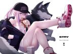  1girl animal blue_eyes blush burger dog drink eating flat_chest food girls_frontline hand_in_jacket hat jacket long_hair looking_at_viewer mishima_hiroji pink_hair ponytail shoes simple_background sneakers solo st_ar-15_(girls&#039;_frontline) white_background 