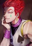  1boy earrings facial_mark hair_slicked_back hand_on_own_face highres hisoka_morow hunter_x_hunter jewelry looking_at_viewer male_focus marumeco8 redhead sleeveless smile smirk solo yellow_eyes 