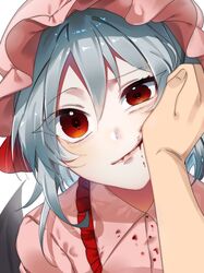  1girl bat_wings blood blood_on_face blue_hair blush eringi_(rmrafrn) eyebrows_visible_through_hair frilled_hat frills hat highres looking_at_viewer pink_headwear pink_shirt red_eyes remilia_scarlet shirt short_hair solo_focus touhou white_background wings wiping_face 