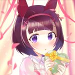  1girl animal_ears apron blurry blurry_background blush casual commentary_request gift hair_ornament headband horse_ears kubo_emu looking_at_viewer nishino_flower_(umamusume) open_mouth portrait purple_hair short_hair solo umamusume valentine x_hair_ornament 
