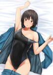  1girl amagami bangs bare_shoulders bed black_hair black_swimsuit blush bob_cut breasts commentary_request competition_swimsuit highres jacket looking_at_viewer lying medium_breasts nanasaki_ai one-piece_swimsuit open_clothes open_jacket pants short_hair solo swimsuit track_jacket track_pants track_suit ykh1028 
