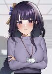  1girl bangs blunt_bangs blurry blurry_background blush braid breasts contemporary crossed_arms eyebrows_visible_through_hair genshin_impact hair_intakes highres id_card indoors lanyard large_breasts long_hair looking_at_viewer mole mole_under_eye nerua office office_lady purple_hair purple_sweater raiden_shogun sidelocks signature solo sweater upper_body violet_eyes wavy_mouth 