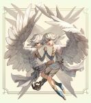  2boys :d animal_ears animal_feet bird_ears black_eyes blue_legwear closed_mouth detached_sleeves feathered_wings from_side looking_at_viewer looking_to_the_side male_focus mullmull02 multiple_boys original robe smile socks spread_wings talons toeless_legwear white_hair wings 