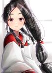  1girl black_hair brown_eyes hair_tie high_ponytail highres japanese_clothes kantai_collection kimura_shiki long_hair looking_at_viewer miko multi-tied_hair nisshin_(kancolle) one-hour_drawing_challenge red_ribbon ribbon short_eyebrows solo thick_eyebrows twitter_username upper_body very_long_hair 