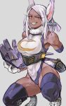  1girl amputee animal_ears boku_no_hero_academia breasts dark-skinned_female dark_skin full_body fur-trimmed_leotard fur_collar gloves hair_behind_ear highleg highleg_leotard holding_own_arm kadeart large_breasts leotard long_eyelashes long_hair looking_at_viewer medium_hair mirko moon_print muscular muscular_female narrowed_eyes parted_hair prosthesis prosthetic_arm prosthetic_leg rabbit_ears rabbit_girl rabbit_tail red_eyes simple_background single_glove smile solo squatting tail thigh-highs thighs twitter_username white_gloves white_hair 