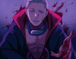  1boy akatsuki_(naruto) akatsuki_uniform blood blood_on_face blood_on_hands blood_splatter forehead_protector hair_slicked_back hand_up hidan_(naruto) highres male_focus naruto_(series) naruto_shippuuden solo takahasikari1 violet_eyes white_hair 