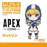  1girl apex_legends blonde_hair blue_bodysuit blue_eyes blue_headwear blush bodysuit character_name chibi electricity english_commentary eyebrows_behind_hair goodsmile_company hood hooded_jacket jacket logo nendoroid official_art orange_jacket ribbed_bodysuit scar scar_on_cheek scar_on_face smile solo thigh_strap wattson_(apex_legends) white_bodysuit 