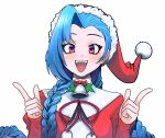  1girl absurdres blue_hair blush braid eyebrows fangs hat highres index_fingers_raised jinx_(league_of_legends) kumaartsu league_of_legends long_hair looking_at_viewer open_mouth pink_eyes red_headwear santa_costume santa_hat smile solo teeth twin_braids upper_body upper_teeth 