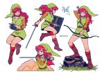  1girl arrow_(projectile) blue_eyes bomb boots bow_(weapon) breasts fairy genderswap genderswap_(mtf) green_headwear hat highres link_(shounen_captain) long_hair long_sleeves mochiwei pink_hair pointy_ears rapier redhead shield solo sword the_legend_of_zelda the_legend_of_zelda_(nes) tunic weapon white_background 