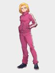  1girl android_18 black_footwear blonde_hair blue_eyes dragon_ball dragon_ball_super earrings full_body grey_background hands_in_pockets jacket jewelry kemachiku long_sleeves looking_at_viewer pink_jacket shoes short_hair simple_background solo standing track_jacket zipper 