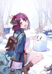  1girl :d ahoge atelier_(series) atelier_sophie backpack bag blue_coat blush brown_eyes coat fang flower from_side hair_ornament head_tilt long_coat looking_at_viewer mushroom noco_(adamas) official_art open_mouth pointing puni_(atelier) purple_hair rose short_hair sitting skin_fang skirt smile snow solo sophie_neuenmuller wariza 