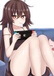  1girl absurdres bare_legs bare_shoulders blush brown_hair candy casual couch food genshin_impact ghost haku_(pcts7547) highres hu_tao_(genshin_impact) legs lollipop looking_at_viewer nintendo_switch on_couch playing_games red_eyes short_shorts shorts simple_background sitting solo strap_slip symbol-shaped_pupils tank_top thighs twintails white_background 