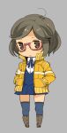  1girl brown_eyes brown_hair character_request chibi closed_mouth full_body glasses jacket looking_at_viewer mota short_hair simple_background skirt solo thigh-highs 